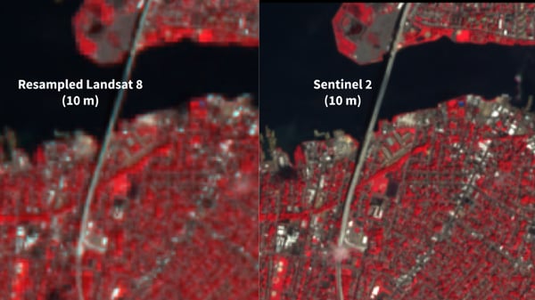 Resampled Landsat 8 (left) and Sentinel 2 (right) both at 10 m