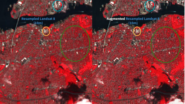 Resampled Landsat 8 (left) and Augmented Resampled Landsat 8 (right) both at 10 m