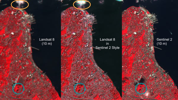 Resampled Landsat 8 (left) and Generated image from resampled Landsat 8 in Sentinel 2 style (middle) and Sentinel 2 (right), all at 10 m