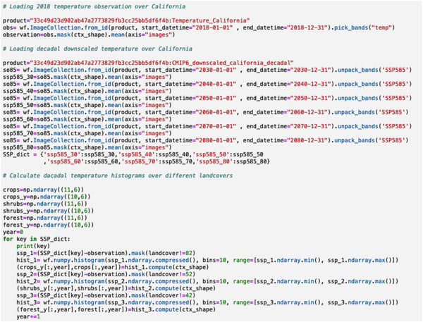 Python code that calls and combines temperature observations and downscaled GCMs from the Descartes Labs Catalog to calculate decadal temperature changes over three land cover classes in California