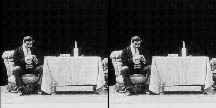 Man smoking in an old-timey video (left) and a cumulative composite made from it (right)