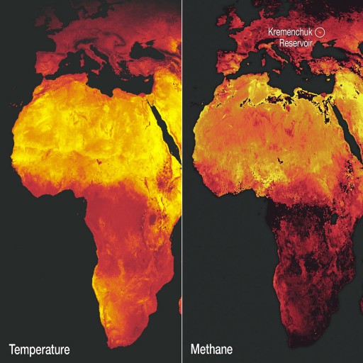 A land surface temperature composite alongside a methane composite covering the same area and time period