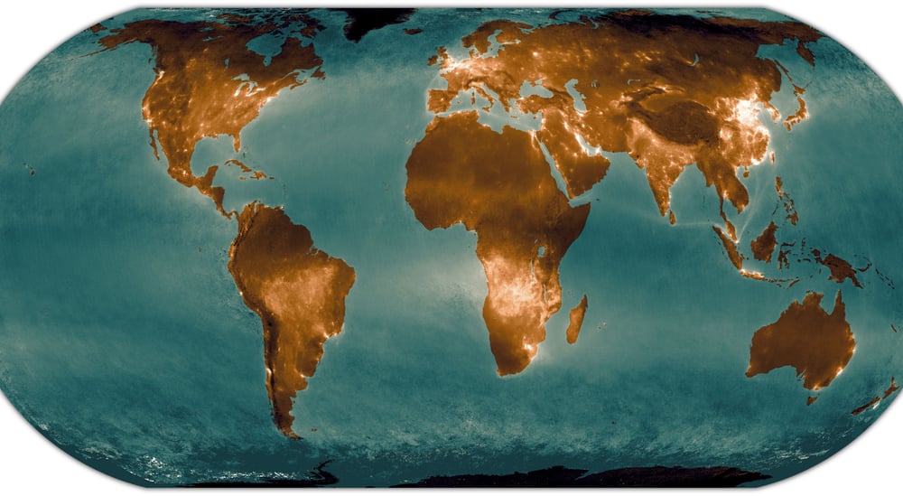 The land and water areas in this global NO₂ composite