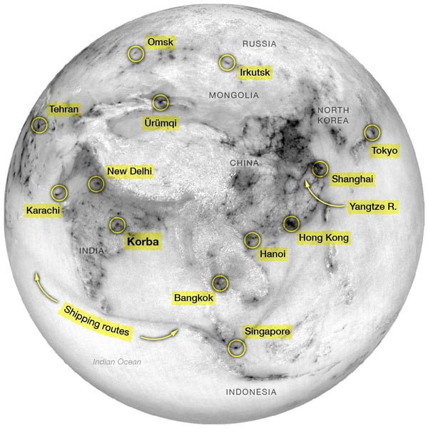 Local hotspots of NO₂ around India and China