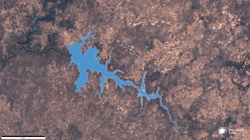 Water extent (shown in blue) of the Almendra Reservoir in northwest Spain