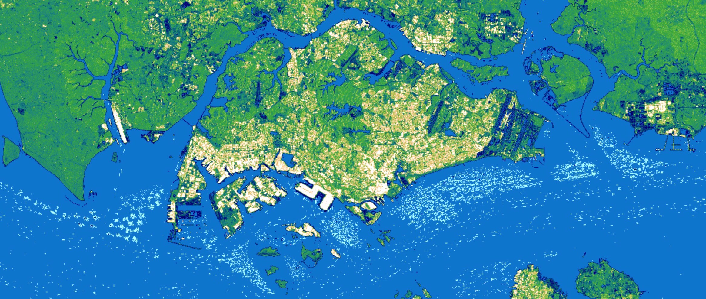 A three month Sentinel-1 SAR composite over Singapore with lighter colors capturing economic activity on land and at sea