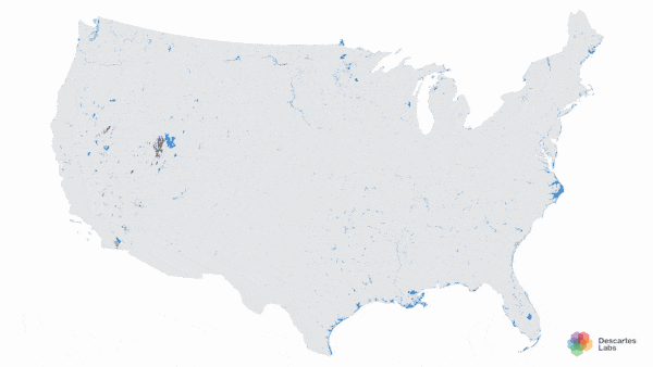 Water extent (shown in blue) across the continental United States from 1984-present
