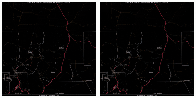 The Ute Park Fire , just north of Santa Fe near the town of Taos, broke out in May 2018. Optical imagery shows the growth of the smoke plume on the left, and infrared imagery shows the fire in bright red on the right