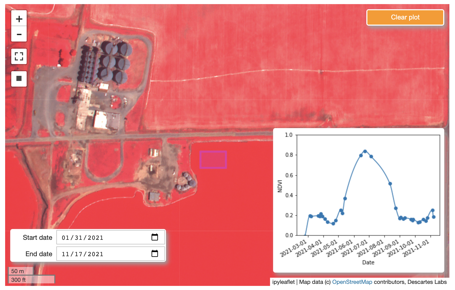 Intra-field NDVI measurements calculated throughout the growing season  using Satellogic 4-band pan-sharpened data