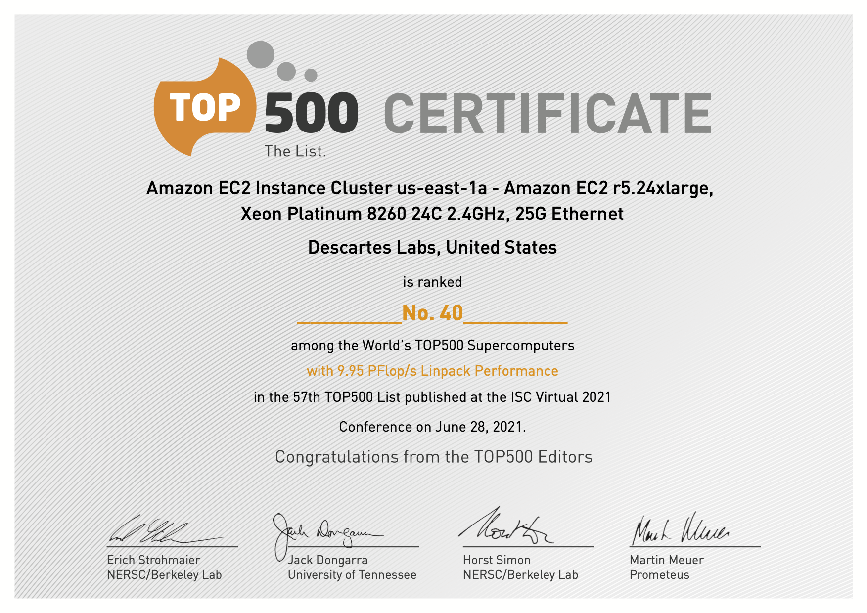 Descartes Labs TOP500 certificate