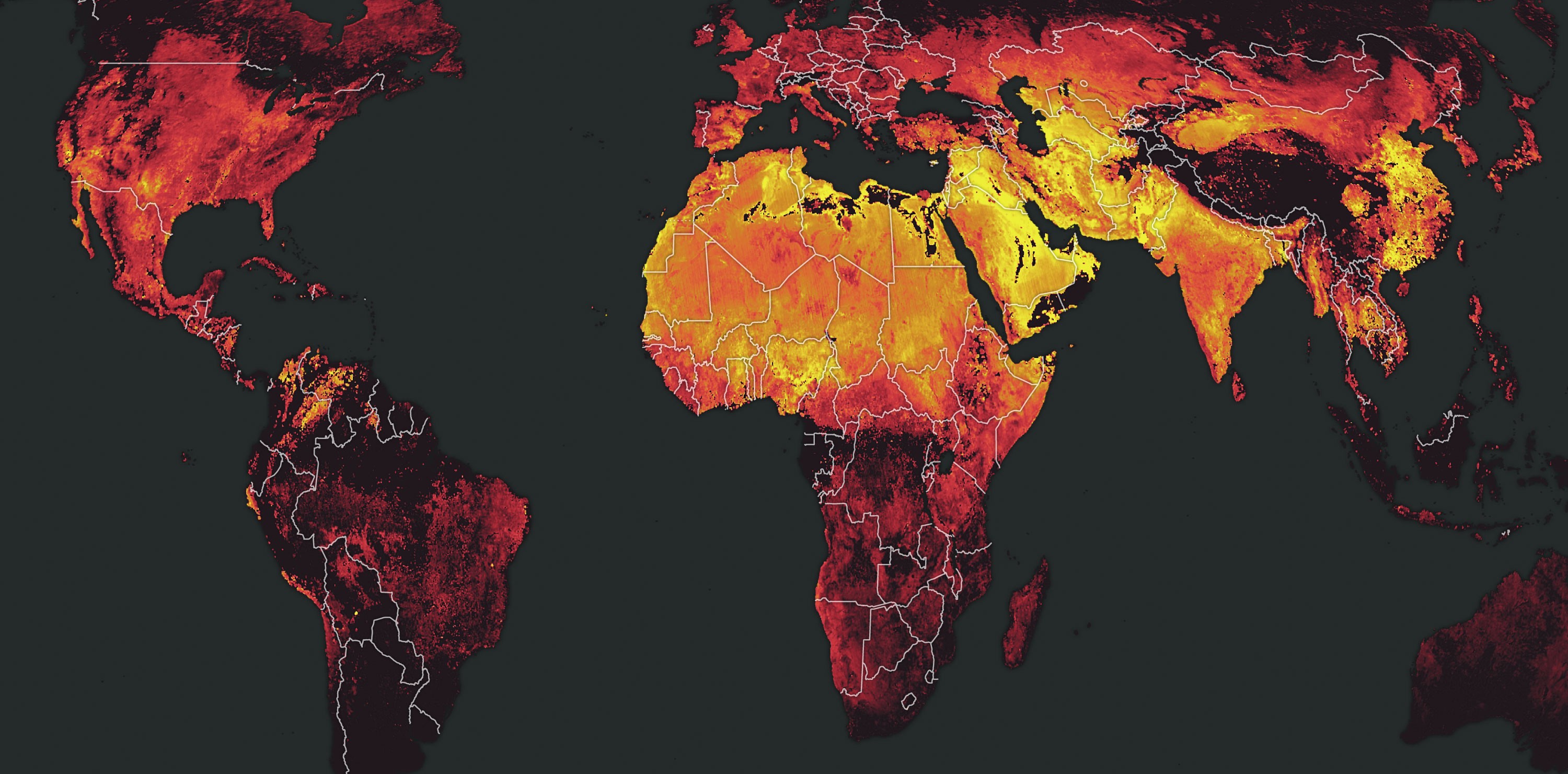 A global methane composite created by Laura Mazzaro at Descartes Labs using Sentinel-5P data. It shows average measured levels in the atmosphere from January to August, 2019. Brighter areas represent higher registrations of methane. Darker areas represent either low methane concentrations or no data. Curious why the Sahara is so bright? Read on below.